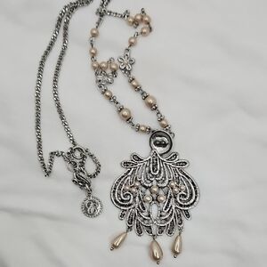 Jessica Simpson Silver and Cream Filigree Necklace with Pearl Drops